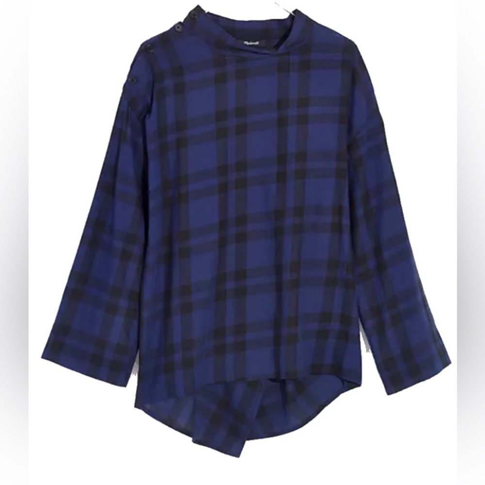 Madewell Blue Black Plaid Blouse with Tulip Hem and Side Buttons